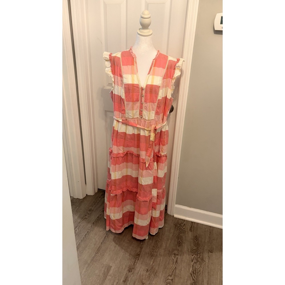 NWT Universal Thread Pink Plaid Flutter Sleeve Ruffle Maxi Dress XXL Boho Chic